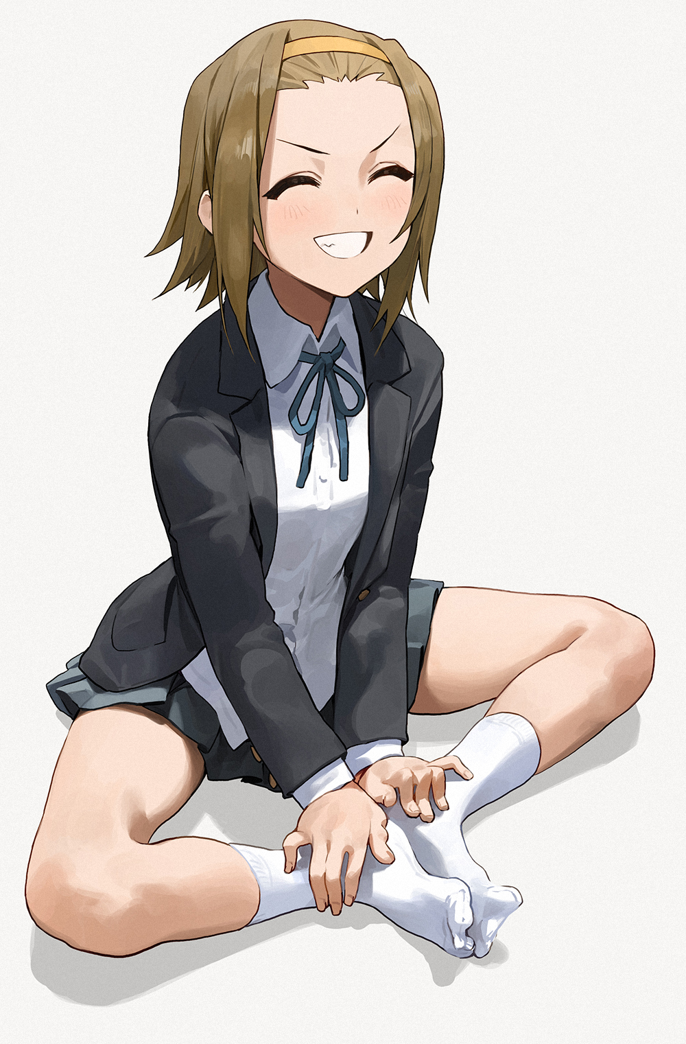1girl :d ^_^ black_jacket blazer blue_neckwear blue_ribbon blush brown_hair butterfly_sitting closed_eyes collared_shirt commentary_request facing_viewer forehead full_body grey_background grey_skirt grin hairband highres jacket k-on! kneehighs long_sleeves miniskirt mossi neck_ribbon no_shoes open_clothes open_jacket open_mouth orange_hairband pleated_skirt ribbon shirt short_hair simple_background skirt smile solo tainaka_ritsu teeth v-shaped_eyebrows white_legwear white_shirt wing_collar
