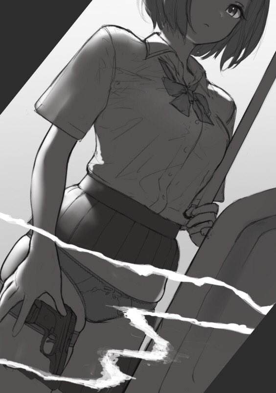 1girl closed_mouth collared_shirt concealed_weapon cowboy_shot dutch_angle genso greyscale gun handgun looking_at_viewer medium_skirt monochrome original panties pistol pleated_skirt shirt shirt_tucked_in short_sleeves skirt solo standing underwear weapon