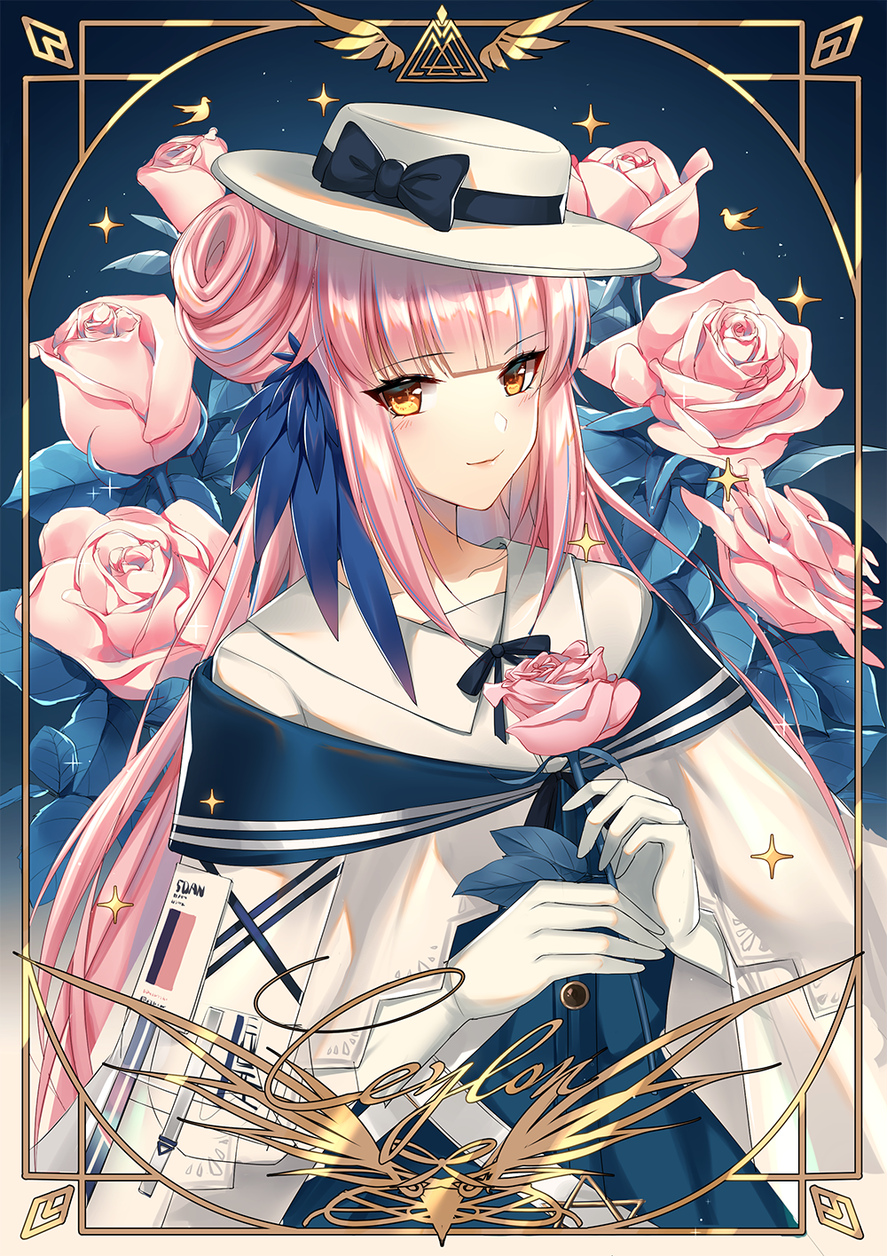 1girl arknights bangs black_bow blue_dress bow cape ceylon_(arknights) character_name commentary dress eyebrows_visible_through_hair flower hat hat_bow highres holding holding_flower kernel_killer long_hair looking_at_viewer pink_flower pink_hair pink_rose rose smile solo upper_body white_cape white_headwear yellow_eyes