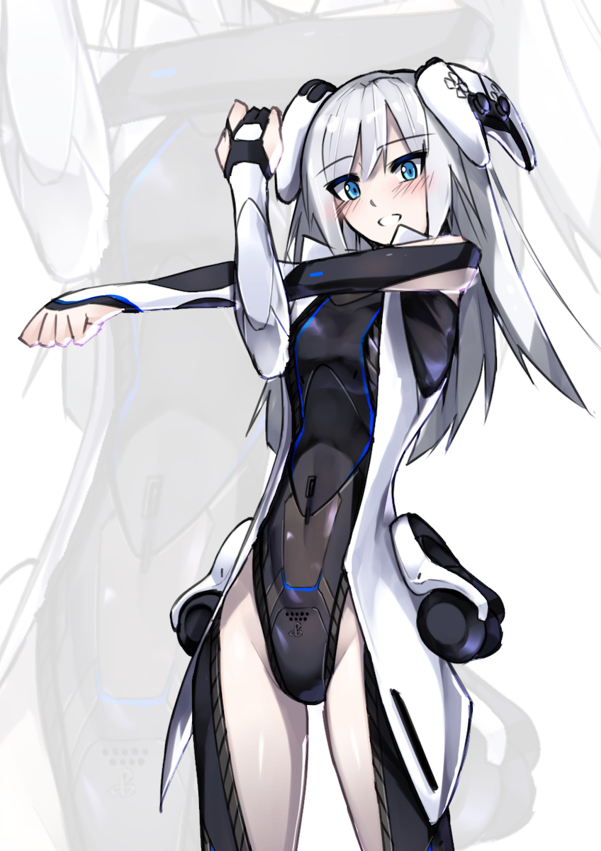 1girl bangs blue_eyes blush bodysuit bodysuit_under_clothes covered_navel crossed_arms eyebrows_visible_through_hair hair_between_eyes highres i.takashi jacket long_hair looking_at_viewer personification playstation_5 solo sony white_hair white_jacket zoom_layer