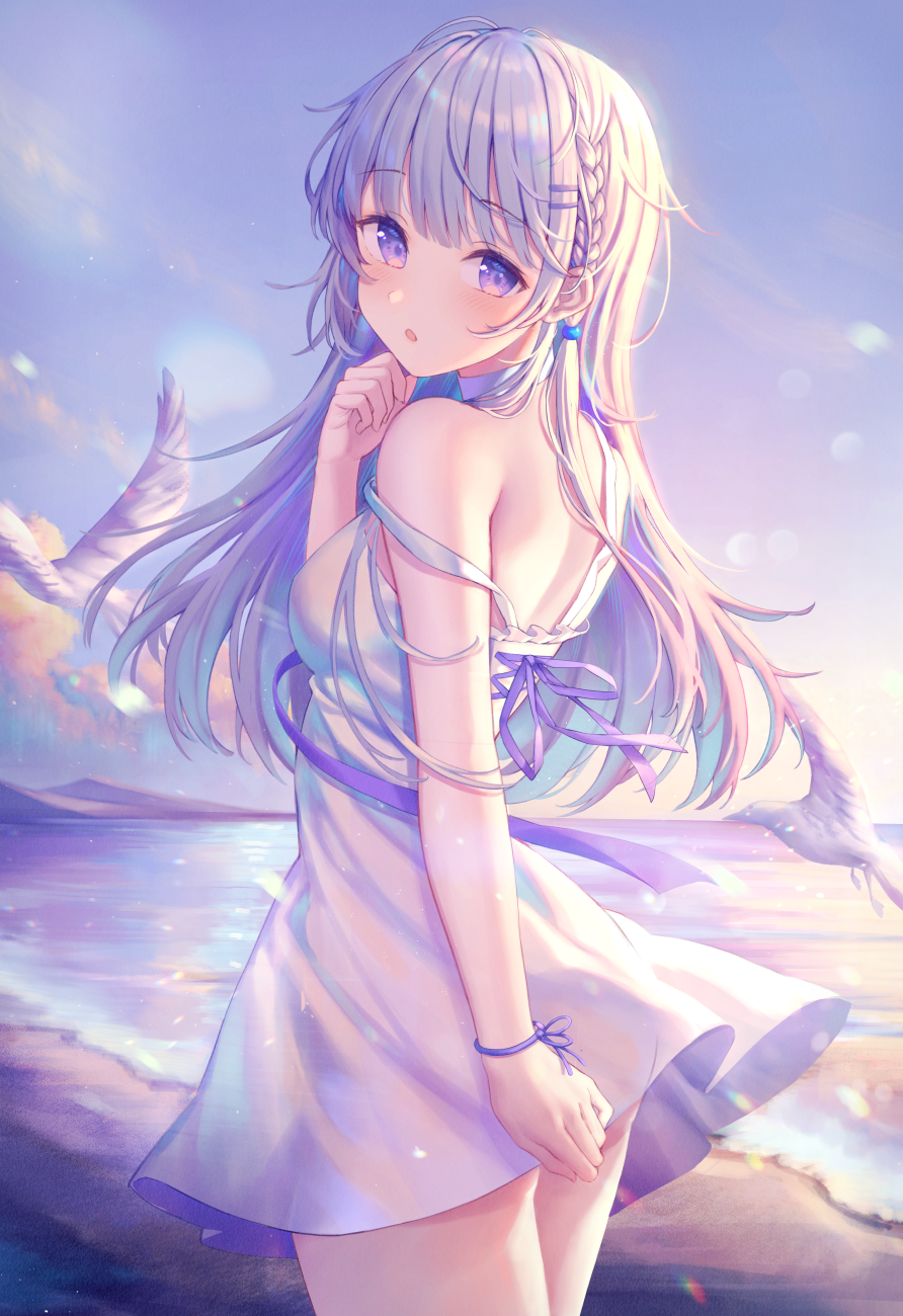 1girl :o animal bangs bare_arms bare_shoulders bird blush braid choker commentary_request dress eyebrows_visible_through_hair from_behind hair_ornament hairclip highres horizon kawami_nami looking_at_viewer looking_back mountain ocean original outdoors parted_lips silver_hair sleeveless sleeveless_dress solo standing sunset violet_eyes white_choker white_dress