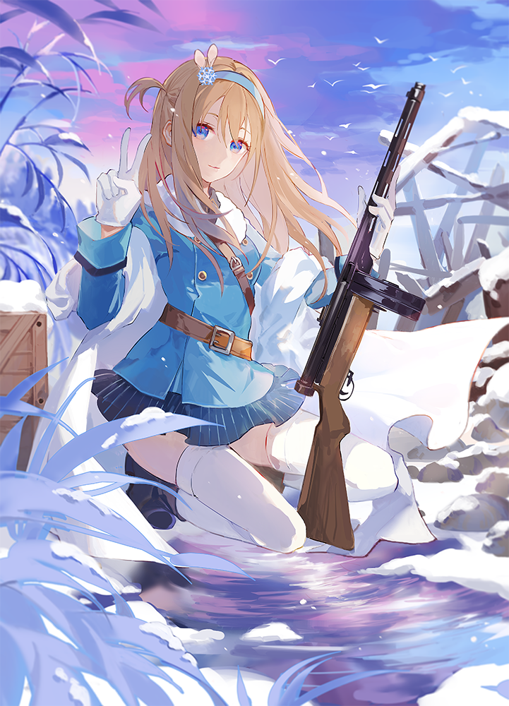 1girl animal bangs belt belt_buckle bird black_footwear blue_eyes blue_hairband blue_jacket blue_skirt blue_sky boots box brown_belt buckle closed_mouth distant double-breasted full_body fur fur_collar girls_frontline gun hair_between_eyes hair_ornament hairband holding holding_gun holding_weapon jacket long_hair long_sleeves looking_at_viewer outdoors plant satsuya sitting skirt sky smile snow solo strap striped submachine_gun suomi_kp/-31 suomi_kp31_(girls_frontline) symbol_commentary thigh-highs v vertical-striped_skirt vertical_stripes weapon white_legwear wind