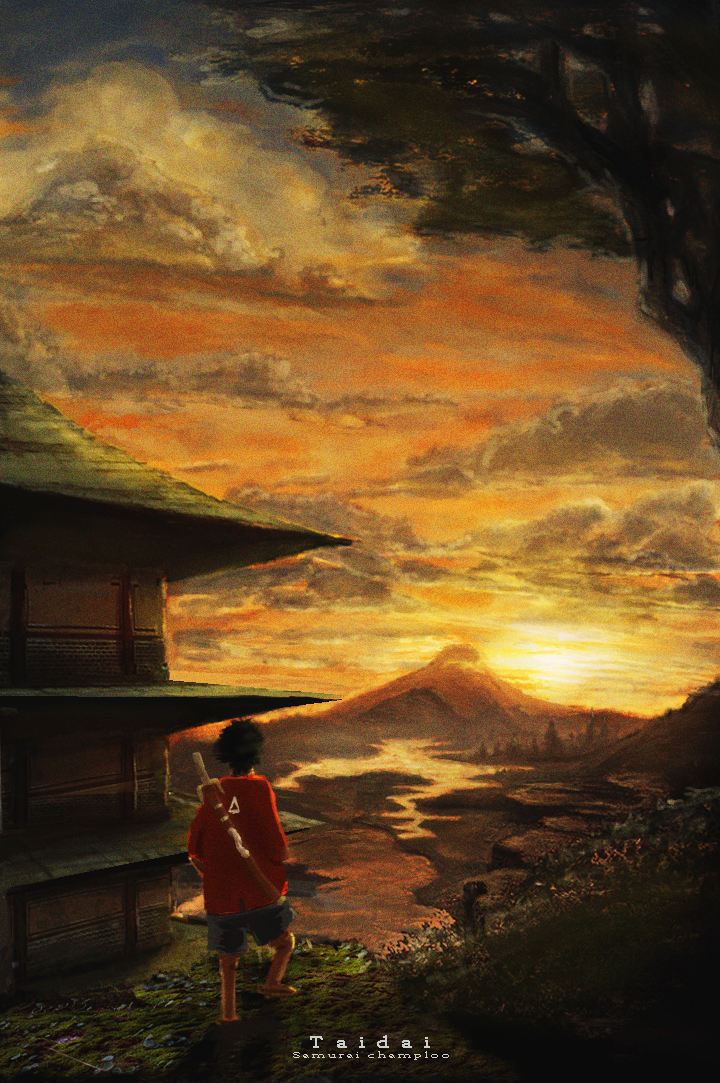 1boy architecture artist_name black_hair clouds copyright_name east_asian_architecture from_behind mountain mugen red_shirt samurai_champloo scenery shirt shorts standing sunset sword taidai weapon