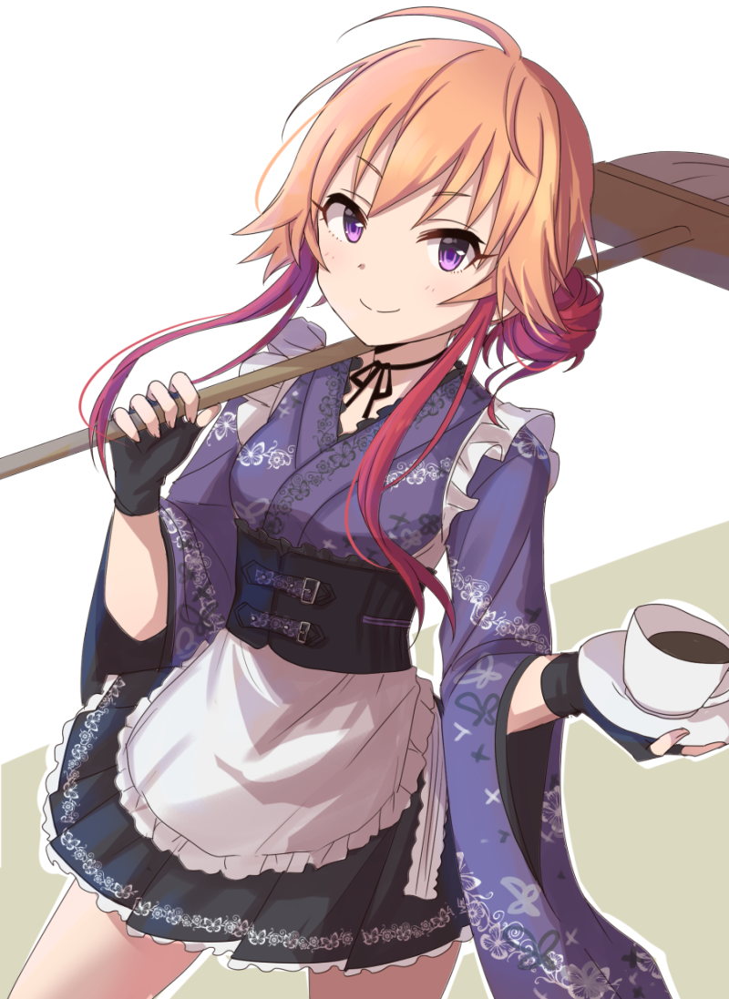 1girl 2_nostg apron bangs blush broom closed_mouth coffee coffee_cup corset cup disposable_cup eyebrows_visible_through_hair fingerless_gloves frilled_apron frills gloves hair_bun hair_extensions holding holding_cup idolmaster idolmaster_cinderella_girls japanese_clothes kimono looking_at_viewer ninomiya_asuka orange_hair redhead ribbon saucer short_hair simple_background smile solo violet_eyes wa_maid wide_sleeves