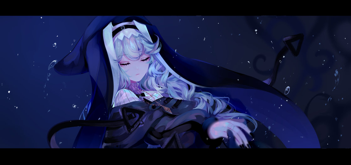 1girl arknights black_dress black_nails chinese_commentary closed_eyes commentary_request dress habit letterboxed long_hair long_sleeves nail_polish sheya silver_hair solo specter_(arknights) upper_body