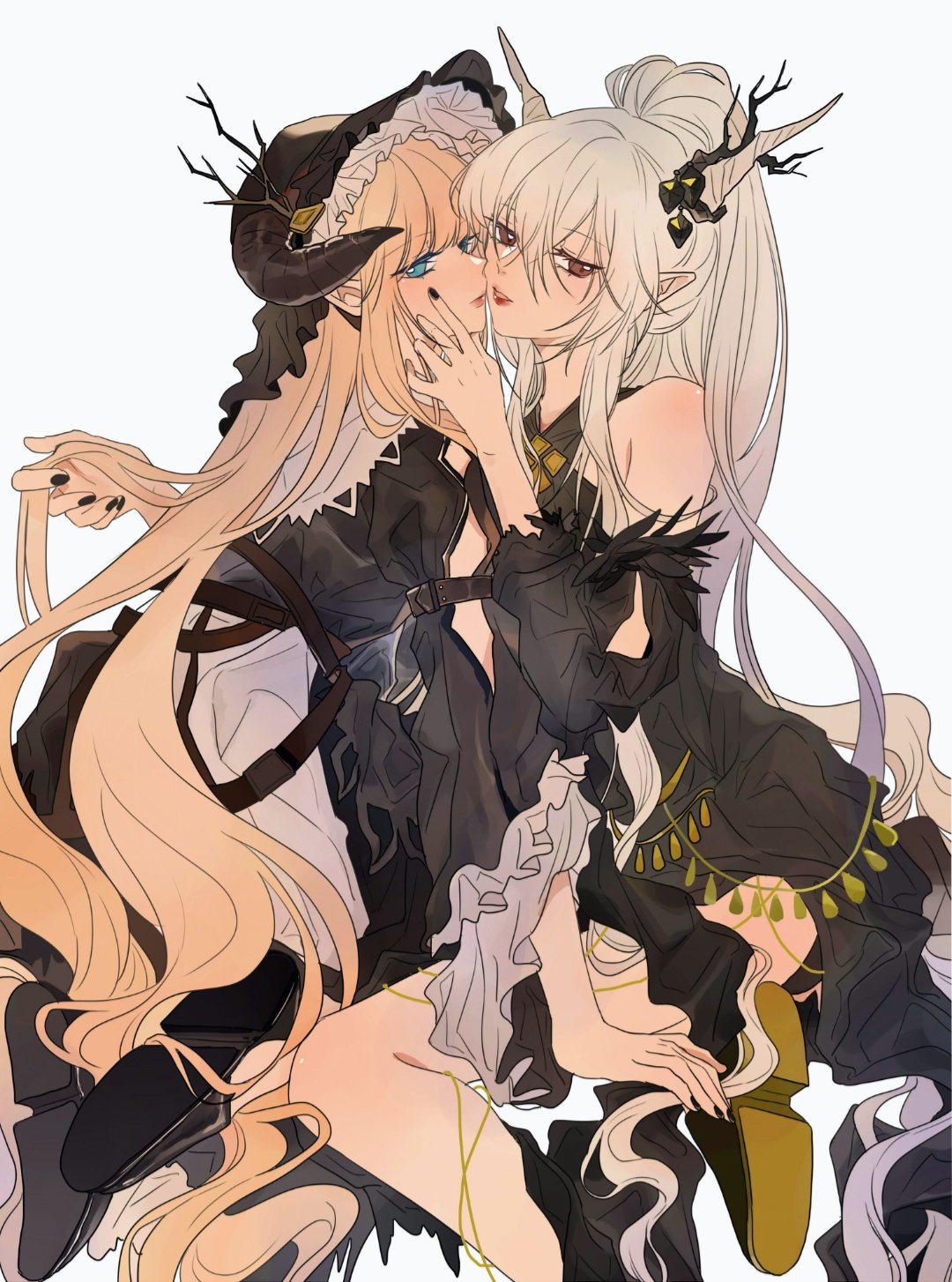2girls arknights black_dress black_footwear black_headwear black_nails blonde_hair blue_eyes bonnet cheek-to-cheek closed_mouth commentary demon_horns dress eyebrows_visible_through_hair eyelashes feather_trim hair_between_eyes hand_in_another's_hair hand_on_another's_face highres horns latutou1 light_smile lips lipstick long_hair looking_at_viewer makeup multiple_girls nail_polish nightingale_(arknights) parted_lips pointy_ears ponytail red_eyes shining_(arknights) shoes silver_hair simple_background smile strap symbol_commentary thighs very_long_hair white_background