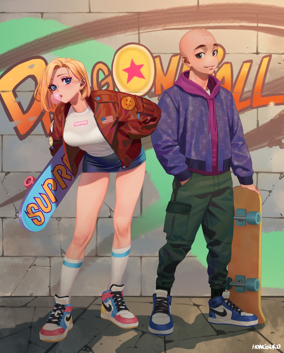 1boy 1girl alternate_costume american_flag android_18 bald blonde_hair blue_eyes blue_skirt breasts bubble_blowing dragon_ball dragon_ball_(object) earrings green_pants hand_in_pocket holding holding_skateboard hongcasso hood hood_down hoodie jacket jewelry kuririn large_breasts long_hair looking_at_viewer open_clothes open_jacket pants pink_hoodie purple_jacket red_jacket shirt shoes short_hair skateboard skirt sneakers star_(symbol) white_shirt