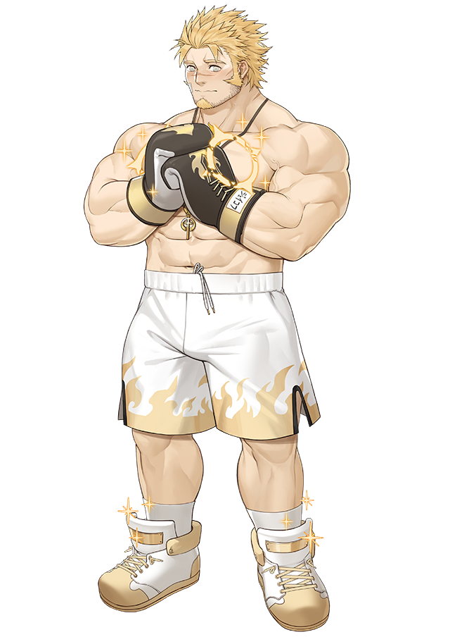 1boy abs bara beard blonde_hair blush bulge chest facial_hair full_body gomtang jacob_(tokyo_houkago_summoners) looking_at_viewer male_focus manly muscle navel official_art shirtless shorts simple_background solo sparkle spiky_hair tokyo_houkago_summoners white_footwear wrestling_outfit yellow_eyes