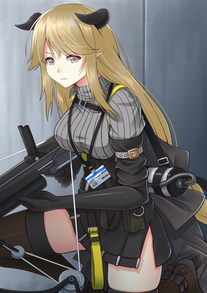 1girl arknights bangs black_footwear black_gloves black_skirt blonde_hair bow_(weapon) breasts commentary_request crossbow elbow_gloves gloves grey_sweater high-waist_skirt high_heels highres holding holding_bow_(weapon) holding_weapon horns id_card long_hair looking_at_viewer medium_breasts meteorite_(arknights) miniskirt partial_commentary pointy_ears ribbed_sweater sano_souichi skirt solo sweater thigh-highs thighs turtleneck turtleneck_sweater very_long_hair weapon yellow_eyes zettai_ryouiki