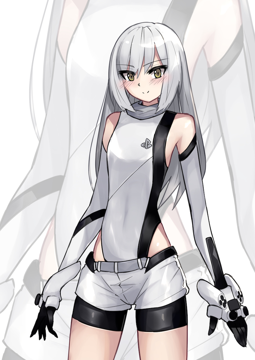 1girl bangs covered_navel elbow_gloves eyebrows_visible_through_hair game_console gloves highres i.takashi leotard long_hair looking_at_viewer personification playstation_4 playstation_controller short_shorts shorts sidelocks solo sony white_hair yellow_eyes zoom_layer