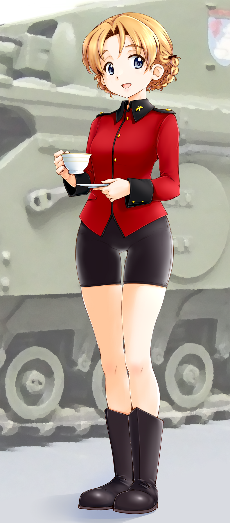 1girl adapted_costume bangs bike_shorts black_bow black_footwear black_shorts blue_eyes boots bow braid churchill_(tank) cup emblem epaulettes eyebrows_visible_through_hair girls_und_panzer ground_vehicle hair_bow highres holding holding_cup holding_saucer insignia jacket long_sleeves looking_at_viewer military military_uniform military_vehicle motor_vehicle open_mouth orange_hair orange_pekoe_(girls_und_panzer) parted_bangs red_jacket sasaki_akira_(ugc) saucer short_hair shorts skindentation smile solo st._gloriana's_(emblem) st._gloriana's_military_uniform standing tank teacup thigh_gap tied_hair twin_braids uniform