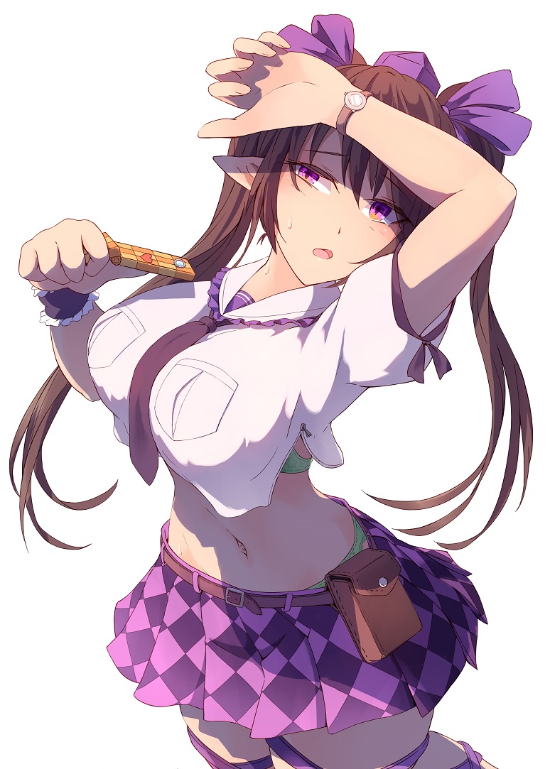 1girl arm_up belt black_neckwear bra breasts brown_hair checkered commentary_request green_bra green_panties hat himekaidou_hatate holding holding_phone kagami_toufu large_breasts long_hair midriff miniskirt navel necktie panties phone pleated_skirt pointy_ears pouch purple_headwear purple_skirt shirt simple_background skirt solo tokin_hat touhou twintails underwear violet_eyes watch watch white_background white_shirt