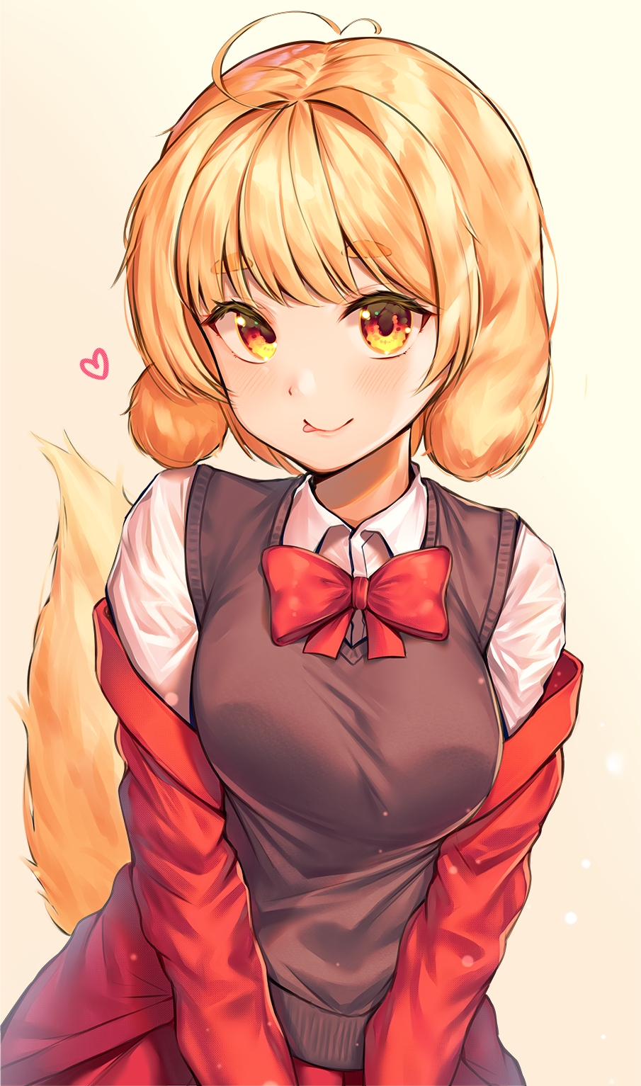 1girl :p ahoge bangs blonde_hair blush bow bowtie breasts character_request collared_shirt commentary_request copyright_request dog_girl dog_tail eyebrows_visible_through_hair eyelashes hakushoku_n heart highres long_sleeves looking_at_viewer red_neckwear shiny shiny_hair shirt short_hair simple_background smile solo tail tongue tongue_out white_background white_shirt yellow_eyes