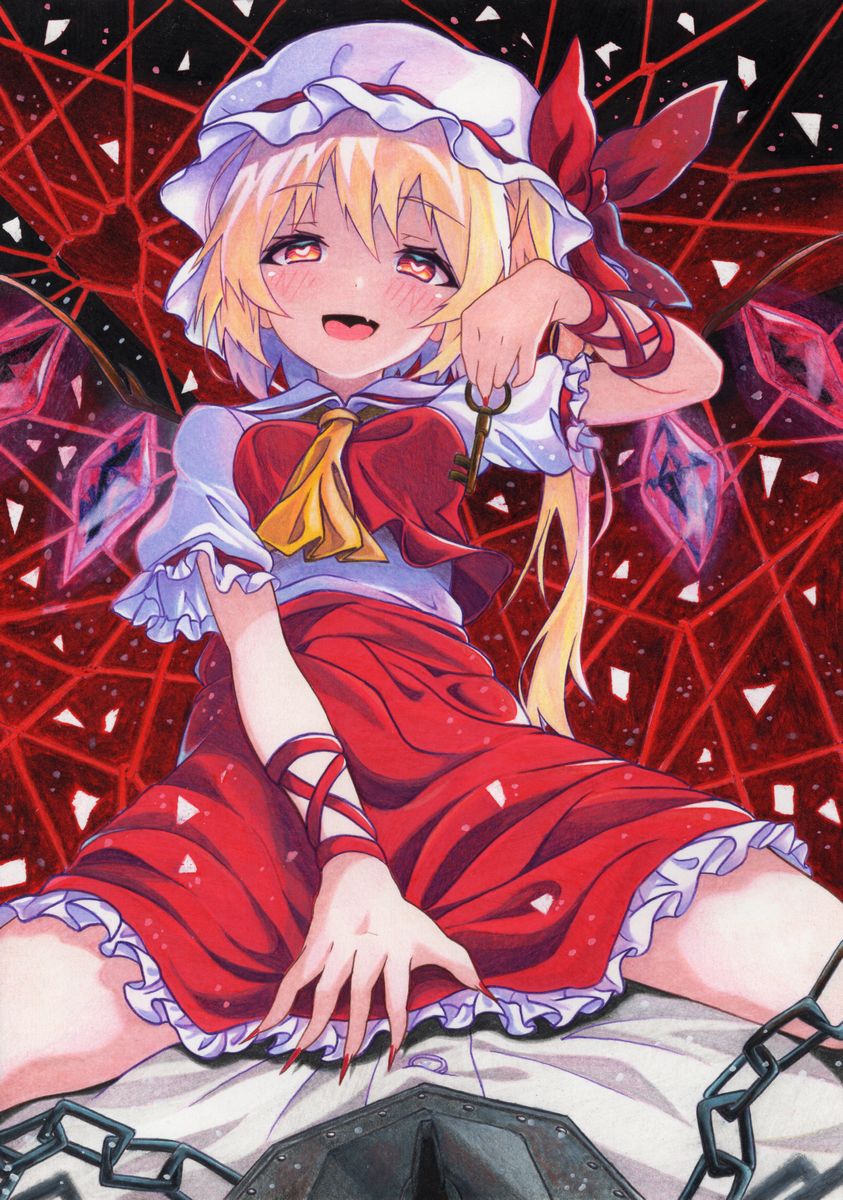 1girl ascot blonde_hair chain commentary_request fang fingernails flandre_scarlet hat hat_ribbon heart heart-shaped_pupils highres holding key kittona long_fingernails long_hair looking_at_viewer mob_cap nail_polish open_mouth puffy_short_sleeves puffy_sleeves red_background red_eyes red_nails red_skirt red_vest ribbon sharp_fingernails shirt short_sleeves side_ponytail sitting skirt smile solo symbol-shaped_pupils touhou traditional_media vest white_headwear white_shirt wings yellow_neckwear