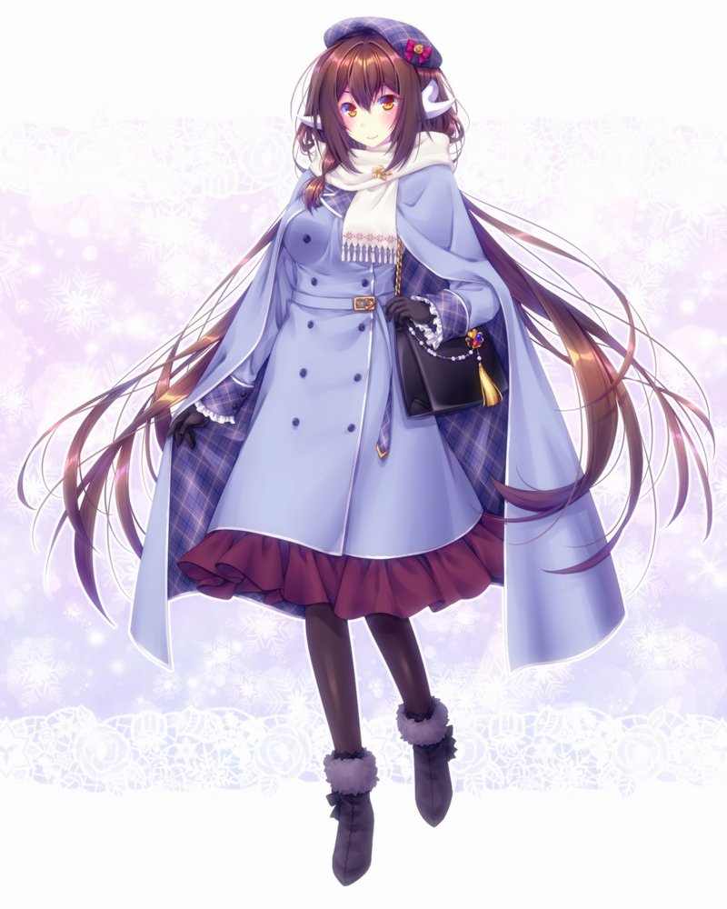 1girl azur_lane belt beret black_bag black_footwear black_gloves black_legwear blue_coat blue_headwear brown_hair coat frills full_body fur-trimmed_legwear fur_trim gloves hat horns long_coat long_hair mikasa_(azur_lane) mikoto_(mikoto_r_a) scarf simple_background solo very_long_hair white_scarf winter_clothes winter_coat