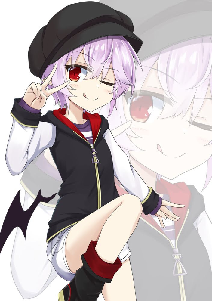 1girl ;d akisome_hatsuka alternate_costume arm_up bangs bat_wings black_footwear black_headwear black_vest boots closed_mouth eyebrows_visible_through_hair hair_between_eyes long_sleeves looking_at_viewer multicolored_shirt one_eye_closed open_mouth pink_hair pointy_ears purple_shirt red_eyes remilia_scarlet shirt short_hair short_shorts shorts simple_background smile solo striped striped_shirt tomboy tongue tongue_out touhou v vest white_background white_shirt white_shorts white_sleeves wings zipper