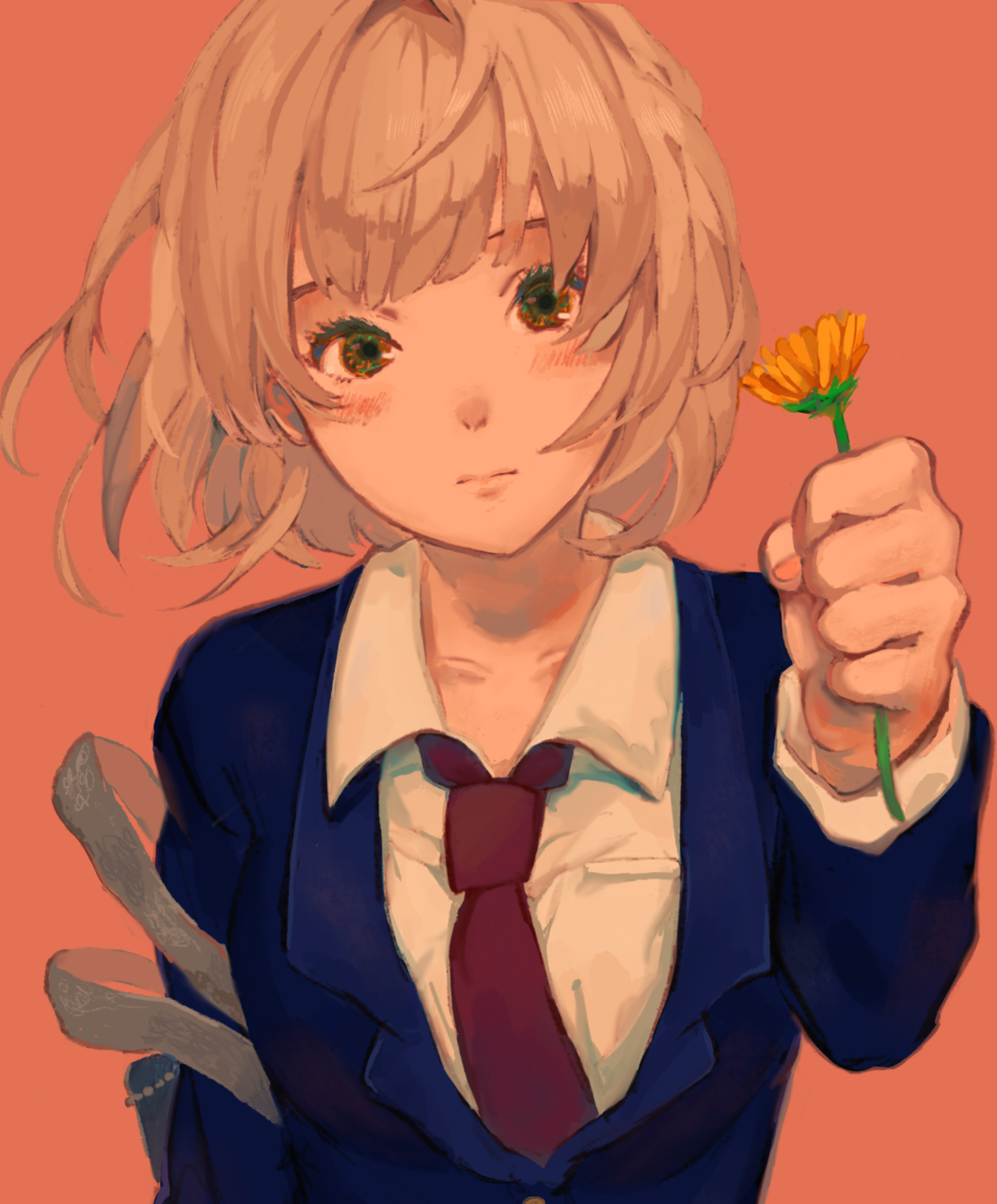 1girl bangs blonde_hair blush check_copyright collared_shirt copyright_request flower highres holding holding_flower long_sleeves necktie orange_background orange_flower orange_nails original red_neckwear shirt short_hair simple_background solo upper_body white_shirt yuusei_tsukiro