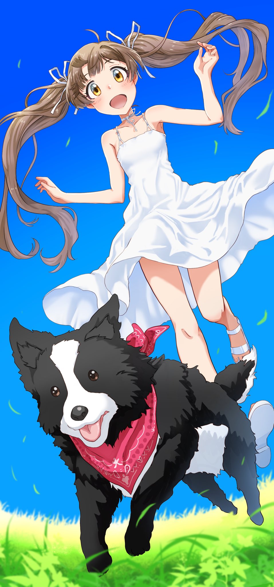 1girl bare_shoulders blue_sky brown_hair collarbone commentary_request dog dress dutch_angle grass hair_ribbon hakozaki_serika highres idolmaster idolmaster_million_live! long_hair looking_at_viewer outdoors ribbon run_p_(aveton) running sandals sky sleeveless sleeveless_dress spaghetti_strap sundress twintails white_dress white_ribbon yellow_eyes