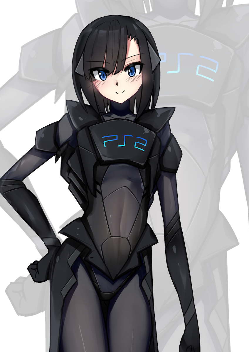 1girl bangs blue_eyes blush bodysuit eyebrows_visible_through_hair game_console hand_on_hip highres i.takashi looking_at_viewer personification playstation_2 short_hair solo sony zoom_layer