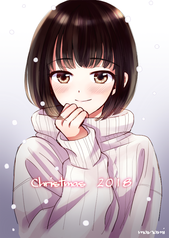1girl 2018 bangs black_hair blush brown_eyes christmas commentary_request english_text eyebrows_visible_through_hair gradient gradient_background looking_at_viewer medium_hair original ribbed_sweater signature simple_background smile snowing solo sugano_manami sweater turtleneck turtleneck_sweater upper_body white_sweater