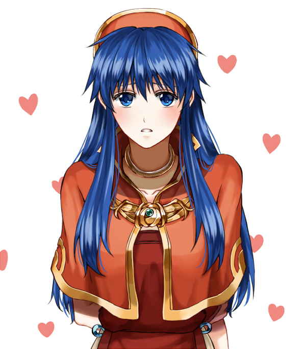 1girl arms_behind_back bangs blue_eyes blue_hair clenched_teeth collarbone cute delsaber dress fire_emblem fire_emblem:_fuuin_no_tsurugi fire_emblem:_the_binding_blade fire_emblem_6 fire_emblem_sword_of_seals hair_between_eyes hat heart intelligent_systems lilina_(fire_emblem) long_hair looking_at_viewer nintendo orange_capelet red_dress red_headwear shiny shiny_hair solo straight_hair teeth upper_body very_long_hair white_background