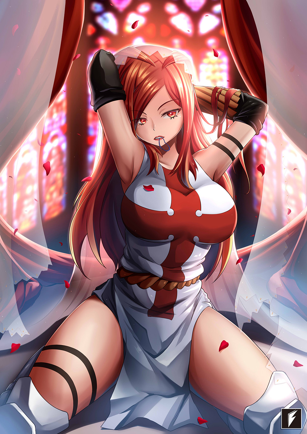 1girl arm_strap arms_behind_head black_gloves commentary_request cross curtains dress elbow_gloves en'en_no_shouboutai eyebrows_visible_through_hair gloves highres kneeling lisa_isaribi long_hair mouth_hold petals red_eyes redhead rose_petals side_slit sleeveless sleeveless_dress solo stained_glass teng_zhai_zi thigh-highs thigh_strap thighs veil white_dress white_legwear