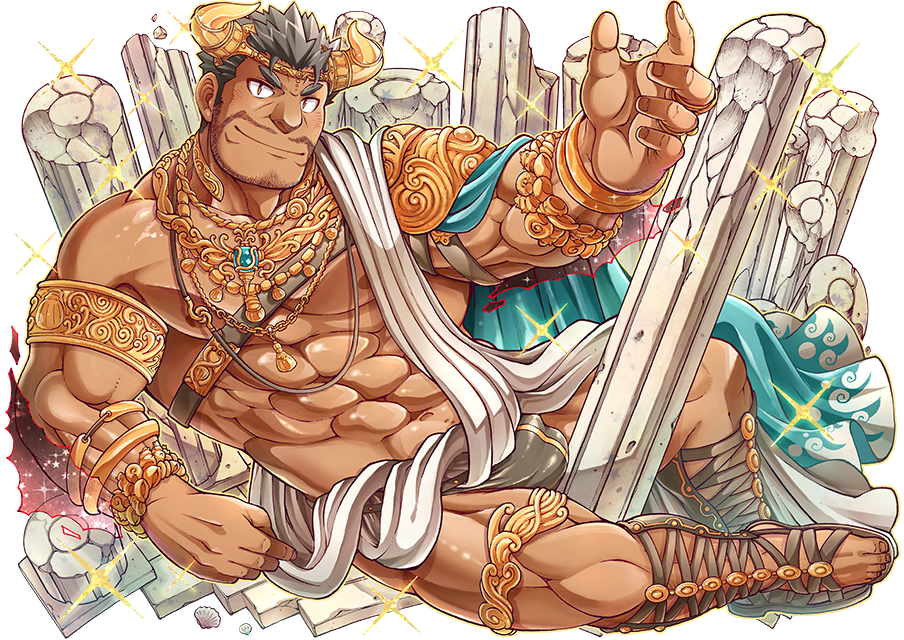 1boy 2bombom abs bara beard belt brown_eyes bulge cape chest dagon_(tokyo_houkago_summoners) facial_hair full_body grey_hair horns jewelry looking_at_viewer male_focus male_underwear manly muscle navel nipples official_art one_eye_closed open_clothes pectorals pillar revealing_clothes ring simple_background smile solo sparkle tokyo_houkago_summoners underwear