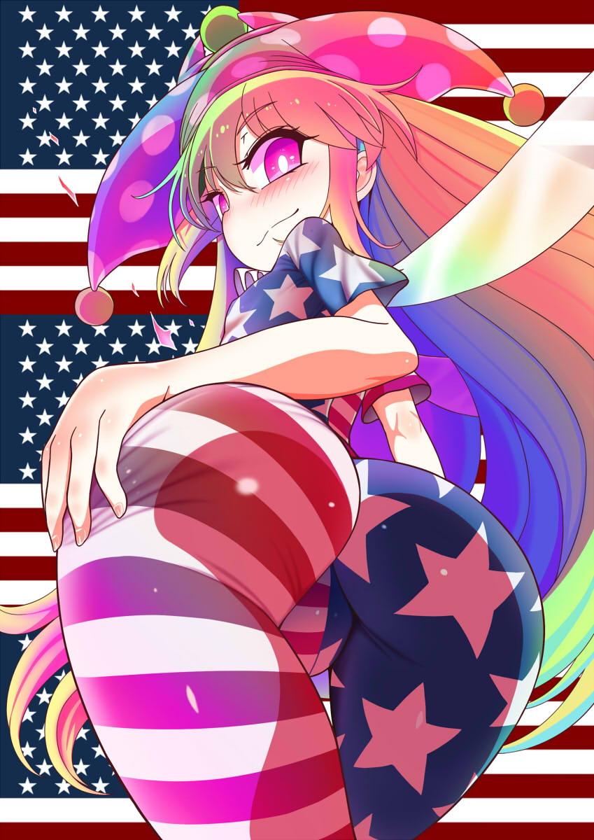 1girl american_flag american_flag_dress american_flag_legwear ass blonde_hair blue_hair blush breasts bright_pupils closed_mouth clownpiece fairy_wings from_behind green_hair hat highres jester_cap long_hair looking_at_viewer multicolored_hair pantyhose pink_eyes polka_dot purple_headwear short_sleeves small_breasts smile solo star_(symbol) star_print striped touhou very_long_hair wings yassy