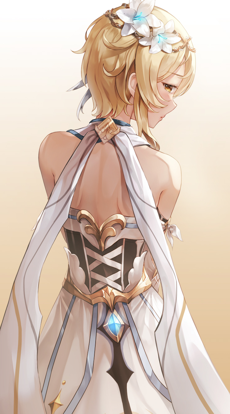 1girl back bare_shoulders blonde_hair blush circlet closed_mouth cowboy_shot dress female_traveler_(genshin_impact) flower from_behind gem genshin_impact gradient gradient_background hair_flower hair_ornament highres looking_at_viewer looking_back lunacle sapphire_(gemstone) short_hair solo white_dress white_flower yellow_background yellow_eyes