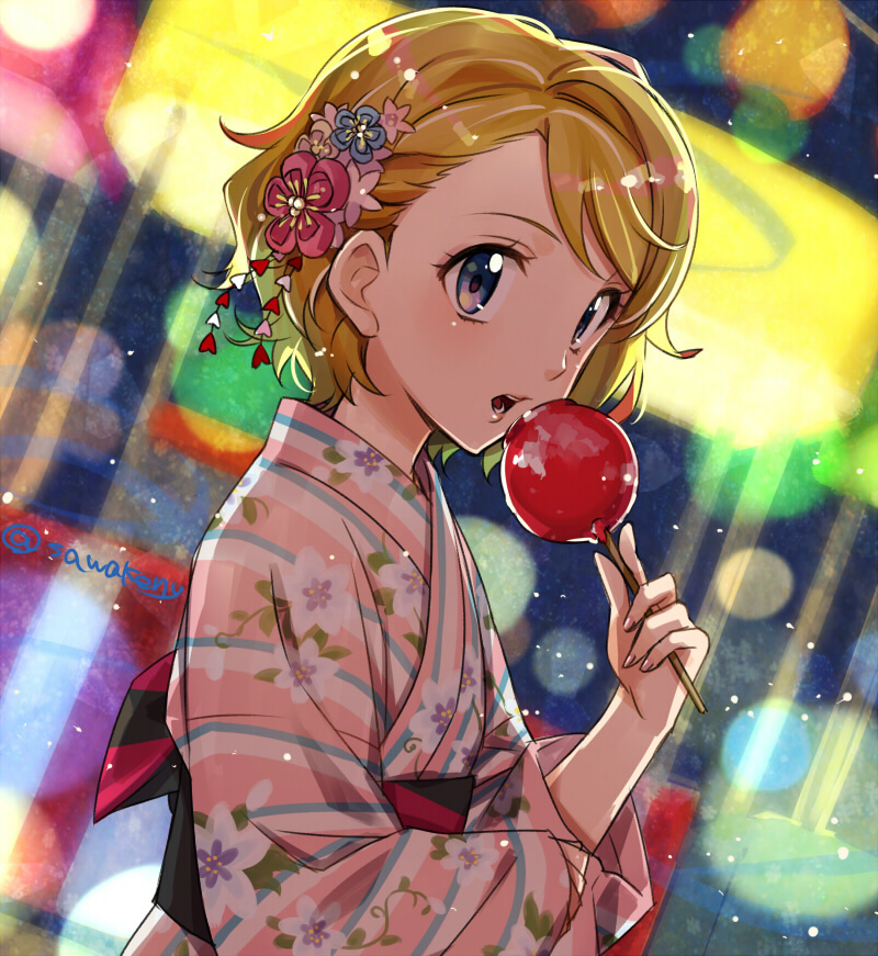 1girl bangs blonde_hair blue_eyes blue_flower blurry blurry_background candy_apple festival floral_print flower food from_side hair_flower hair_ornament holding holding_food japanese_clothes kanimaru kimono obi open_mouth pink_flower pink_kimono pokemon pokemon_(anime) pokemon_xy_(anime) print_kimono sash serena_(pokemon) shiny shiny_hair short_hair solo striped striped_kimono swept_bangs twitter_username upper_body yukata