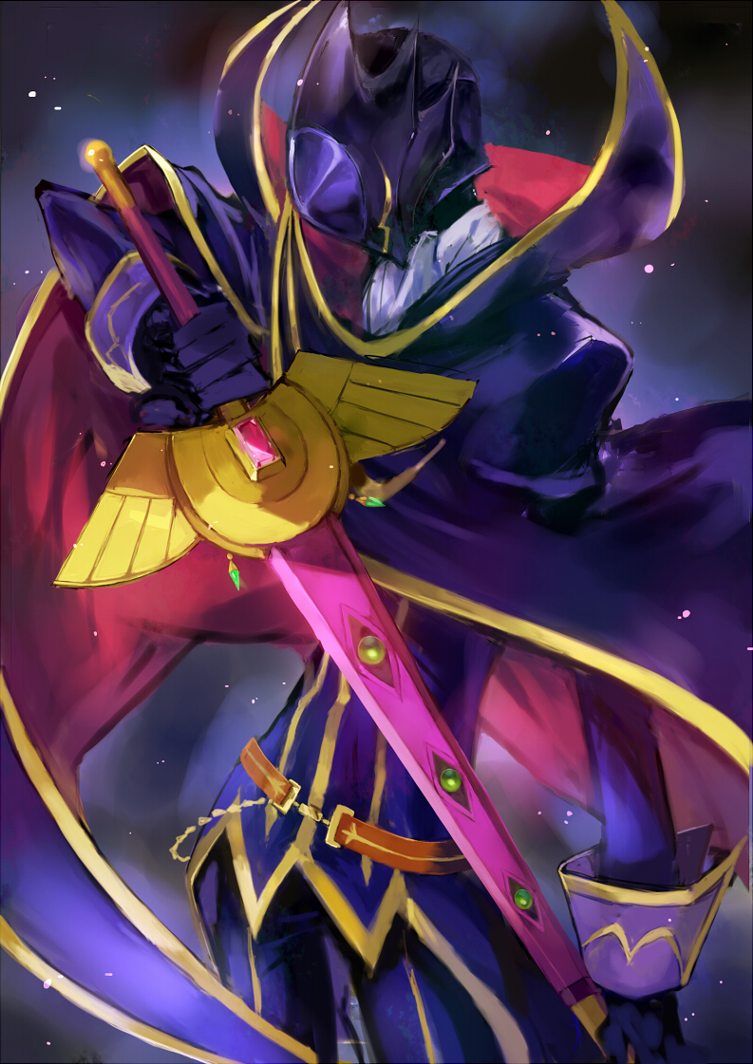 1boy c_(rahit) cape code_geass contrapposto cowboy_shot gloves helmet holding holding_sword holding_weapon jacket long_sleeves male_focus pants purple_cape purple_gloves purple_jacket purple_pants solo standing sword weapon zero_(code_geass)