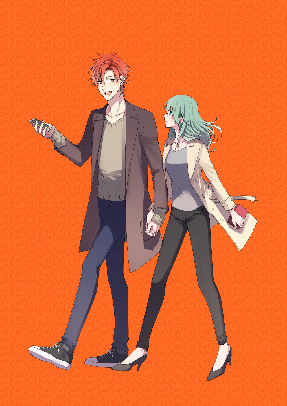 1boy 1girl :d black_footwear black_pants blue_pants brown_coat brown_eyes byleth_(fire_emblem) casual cellphone coat couple eye_contact fire_emblem fire_emblem:_three_houses floating_hair fudou_(kakko_kari) full_body green_eyes green_hair grey_shirt high_heels highres holding holding_hands holding_phone interlocked_fingers long_hair looking_at_another open_clothes open_coat open_mouth orange_background pants phone pumps redhead shirt shoes smartphone smile sneakers sylvain_jose_gautier white_coat