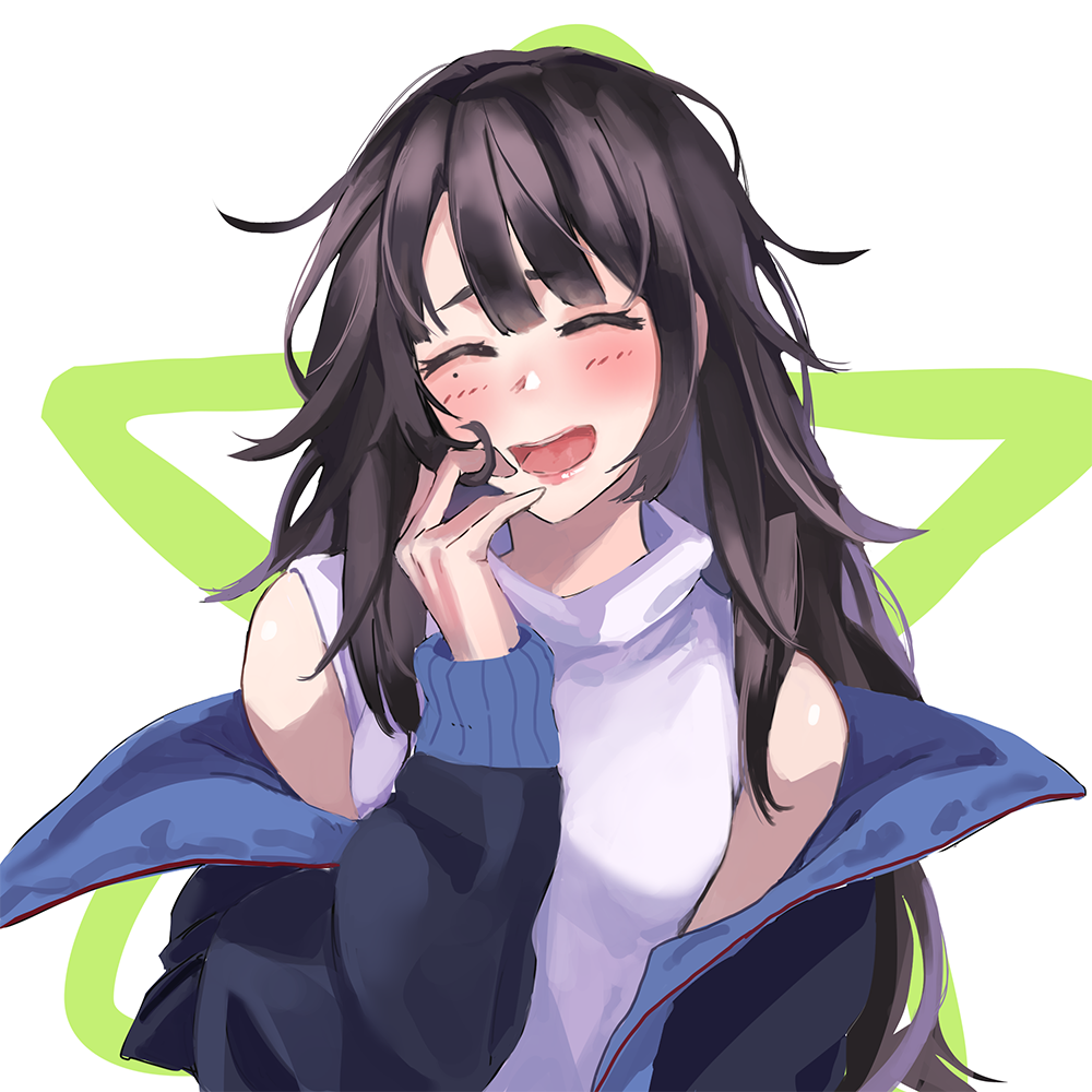 1girl blue_jacket blush brown_hair c-ms_(girls_frontline) closed_eyes girls_frontline hand_in_hair jacket jacket_on_shoulders laughing lips long_hair mmm_(ji1945) open_mouth shirt simple_background solo white_shirt