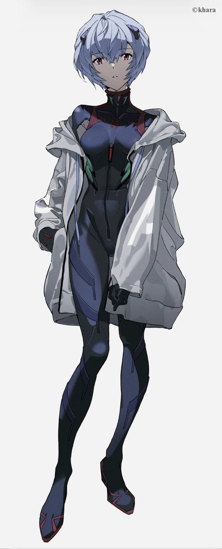 1girl ayanami_rei blue_hair bodysuit bodysuit_under_clothes full_body highres jacket looking_at_viewer neon_genesis_evangelion official_art plugsuit red_eyes short_hair solo white_background white_jacket yoneyama_mai