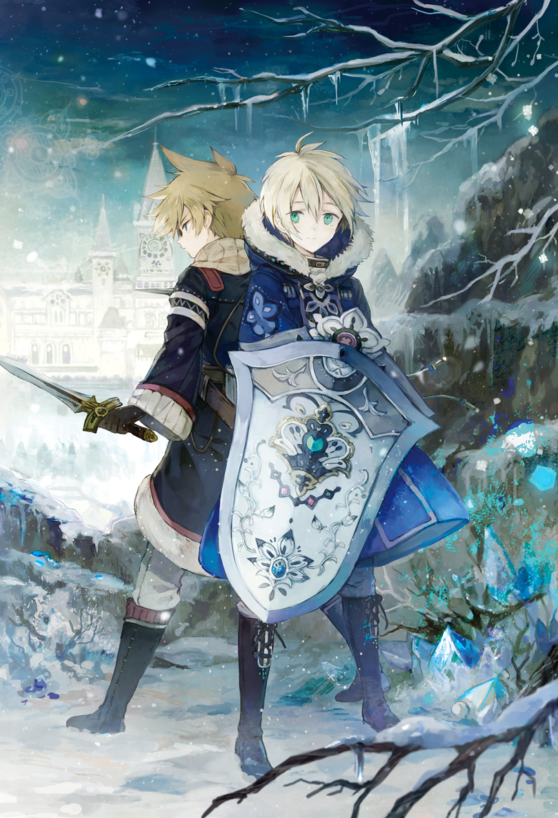 2boys ahoge back-to-back bishounen black_gloves blonde_hair blue_eyes blue_sky castle closed_mouth cover crystal eyes_visible_through_hair fantasy fur-trimmed_hood fur_trim gloves green_eyes hihara_you holding holding_sword holding_weapon hood hood_down icicle male_focus multiple_boys official_art original outdoors scarf shield sky snow snowing standing sword tree tree_branch weapon winter winter_clothes