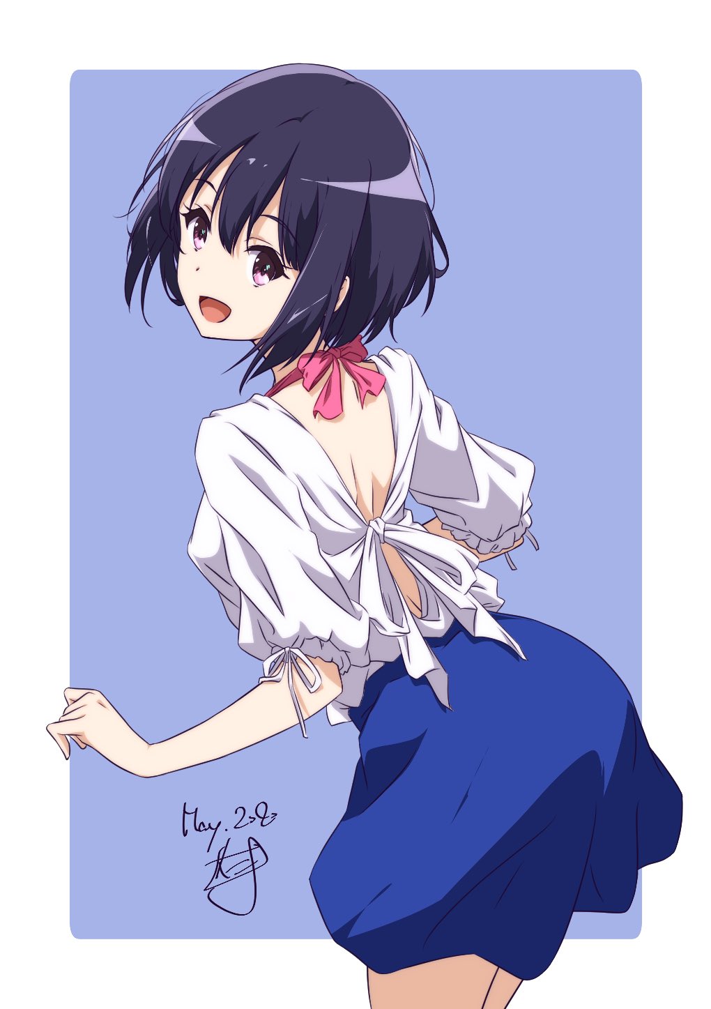 1girl black_hair blue_skirt dated eyebrows_visible_through_hair head_tilt highres leaning_forward looking_at_viewer looking_back loose_clothes loose_shirt neck_ribbon nii_manabu open_mouth original pink_eyes pink_neckwear ribbon shirt short_hair short_sleeves signature skirt smile solo white_shirt