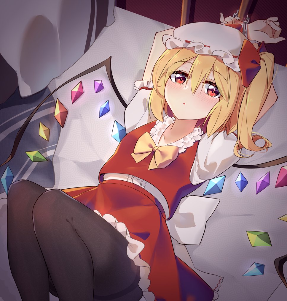 1girl bed bedroom black_legwear blonde_hair bound bound_arms bow crystal cuffs ddt_(darktrident) dress flandre_scarlet hair_between_eyes hands_up hat hat_ribbon looking_at_viewer on_bed pantyhose pillow red_bow red_eyes red_ribbon ribbon short_hair short_sleeves skirt solo touhou wings