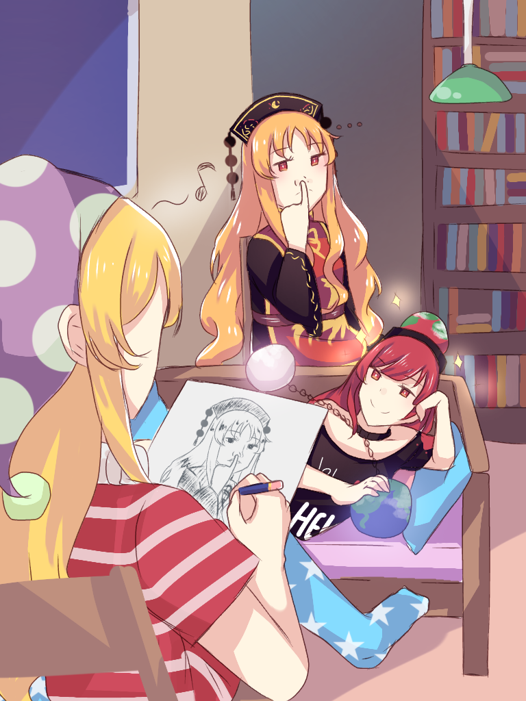 ... american_flag_dress blonde_hair bookshelf chair clownpiece drawing hecatia_lapislazuli junko_(touhou) multiple_girls musical_note nose_picking pose redhead sakikagami sketching sketchpad sparkle spoken_musical_note touhou