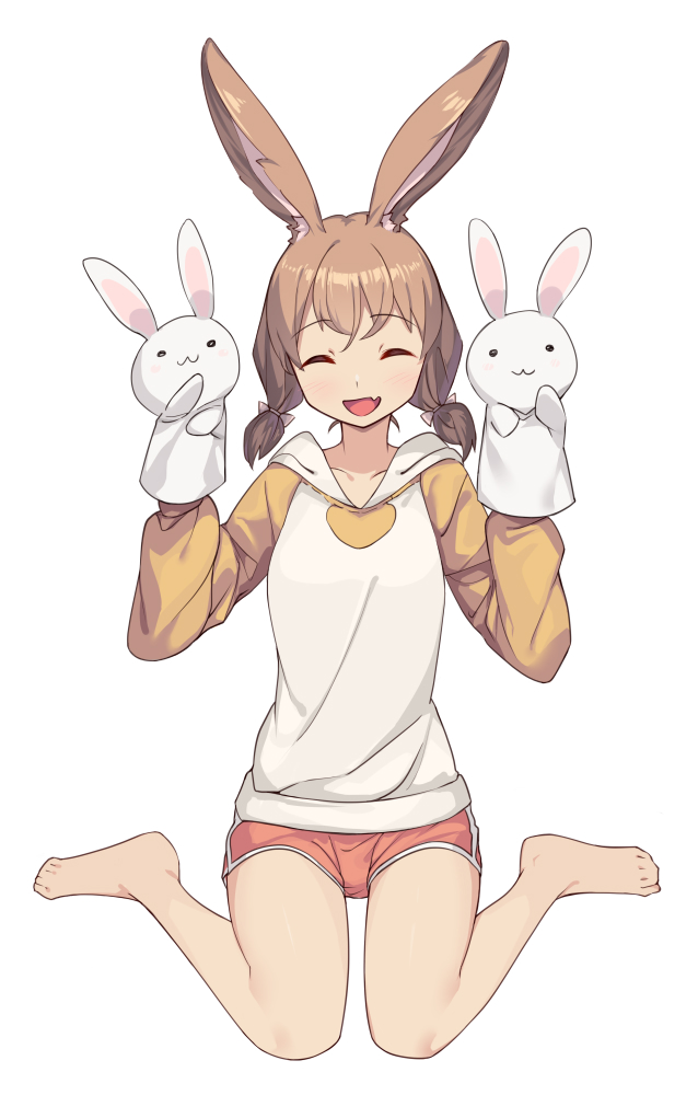 1girl :d ^_^ animal_ears bare_legs barefoot brown_hair closed_eyes commentary eyebrows_visible_through_hair fang full_body hand_puppet hands_up hood hood_down hoodie long_sleeves low_twintails medium_hair open_mouth original puppet rabbit_ears red_shorts saiste short_shorts shorts simple_background sitting skin_fang smile solo symbol_commentary twintails wariza white_background