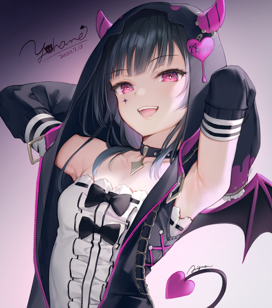 1girl :d armpits arms_up bangs black_bow black_choker black_hair black_vest black_wings blunt_bangs bow breasts bright_pupils center_frills choker collarbone commentary_request dared demon_girl demon_horns demon_tail demon_wings detached_sleeves eyebrows_visible_through_hair eyelashes facial_mark frilled_shirt frills hood hooded_vest hoodie horns long_hair long_sleeves looking_at_viewer love_live! love_live!_sunshine!! mignon open_clothes open_mouth open_vest purple_background ribbon_trim shirt signature small_breasts smile solo tail tsushima_yoshiko unzipped upper_body upper_teeth vest violet_eyes white_shirt wings zipper