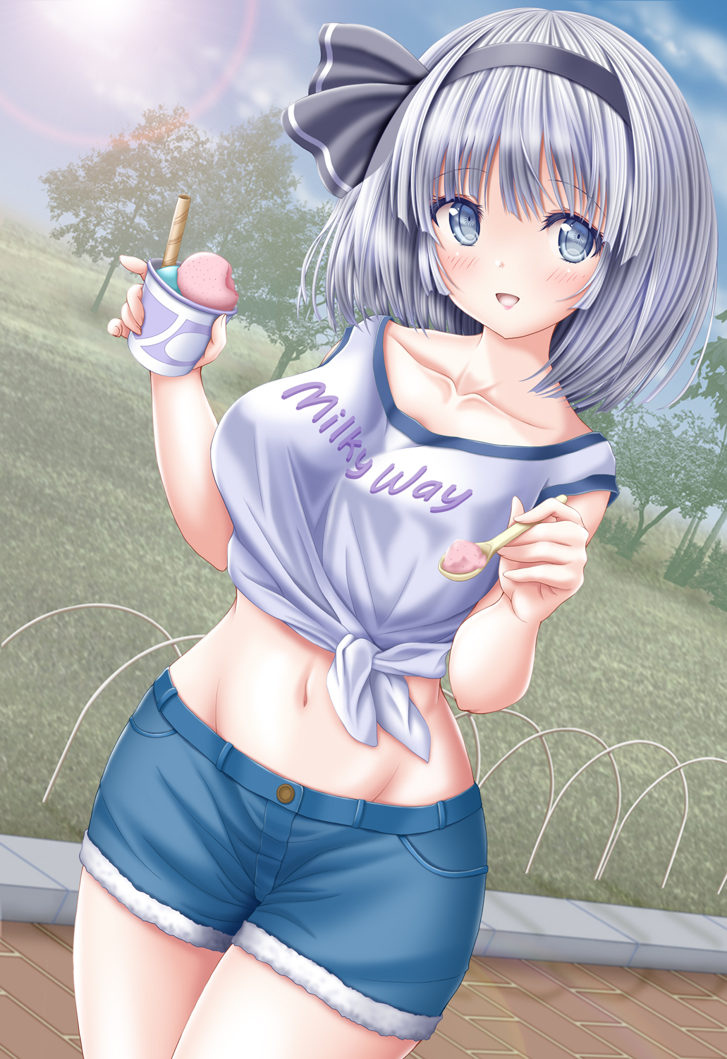 1girl akino_irori breasts casual clothes_writing collarbone eyebrows_visible_through_hair food groin hairband highres ice_cream konpaku_youmu large_breasts looking_at_viewer midriff navel open_mouth outdoors short_hair shorts silver_hair solo spoon touhou tree