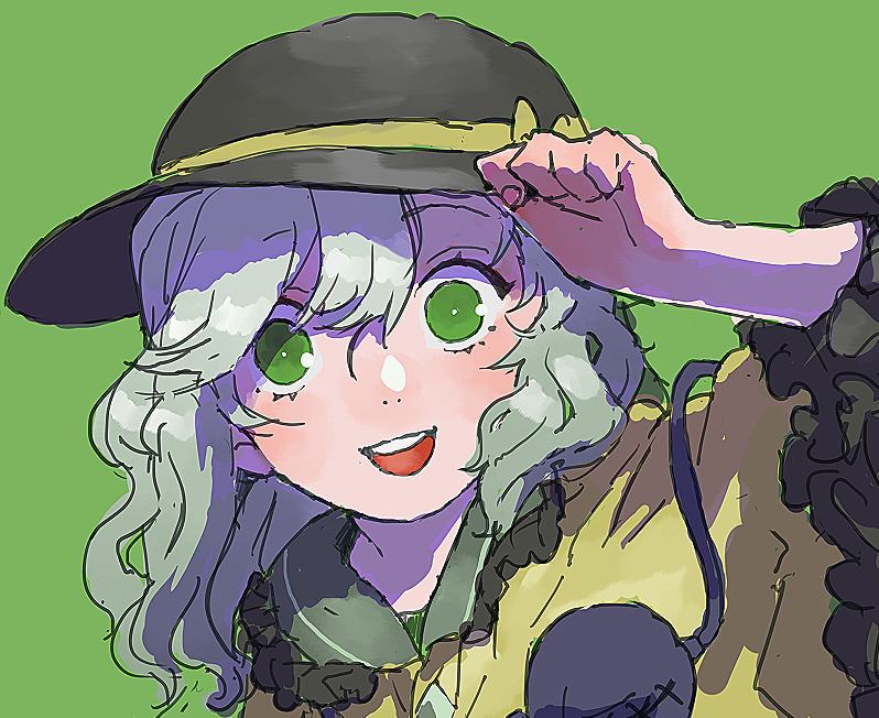 1girl :d arm_up backlighting bangs black_frills black_headwear blouse bow bright_pupils collared_blouse eyeball eyebrows_visible_through_hair eyelashes frilled_shirt_collar frilled_sleeves frills green_background green_eyes hair_between_eyes hand_on_headwear hand_up hat hat_bow hat_ribbon komeiji_koishi light_green_hair long_sleeves looking_at_viewer medium_hair motsuni_(artist) nostrils open_mouth portrait ribbon round_teeth simple_background smile solo teeth third_eye touhou upper_teeth wavy_hair white_pupils wide_sleeves yellow_blouse yellow_bow yellow_ribbon