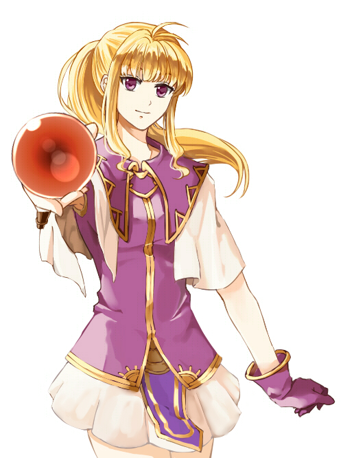 1girl antenna_hair asymmetrical_gloves bangs blonde_hair breasts capelet clarine_(fire_emblem) closed_mouth cowboy_shot delsaber dress_shirt fire_emblem fire_emblem:_the_binding_blade floating_hair gloves long_hair looking_at_viewer miniskirt pleated_skirt ponytail purple_gloves purple_shirt shiny shiny_hair shirt simple_background single_glove skirt small_breasts smile solo standing violet_eyes white_background white_capelet white_skirt