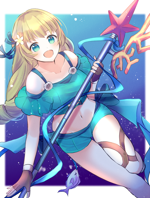 1girl blonde_hair brown_gloves fingerless_gloves fire_emblem fire_emblem:_three_houses fire_emblem_heroes fish flower gloves green_eyes hair_flower hair_ornament holding ingrid_brandl_galatea long_hair midriff open_mouth pimi_(ringsea21) polearm solo swimsuit weapon