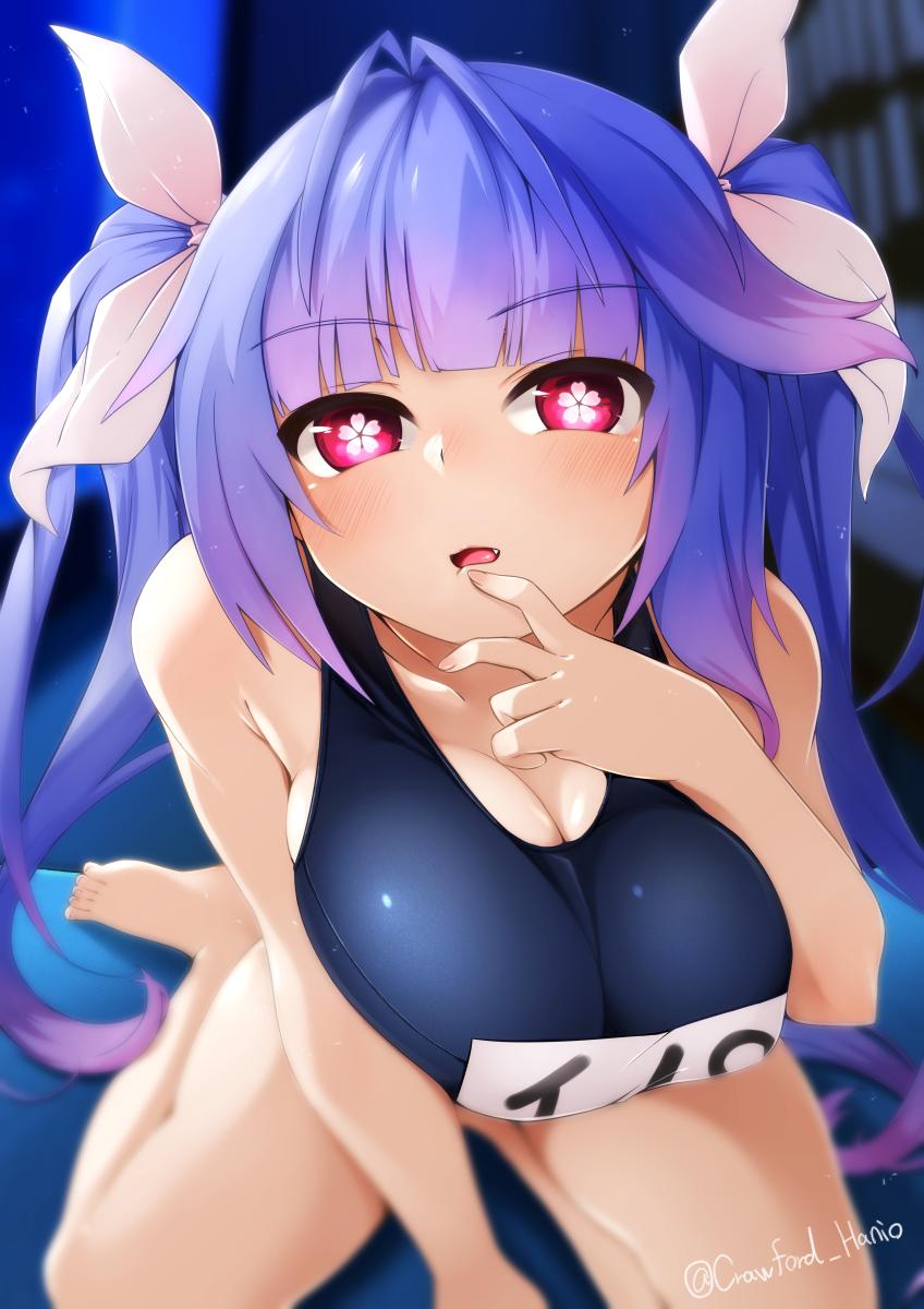 1girl bangs bare_shoulders blue_hair blue_swimsuit blunt_bangs blurry blush breasts collarbone depth_of_field eyebrows_visible_through_hair fang finger_to_mouth gradient_hair hair_ornament hair_ribbon haniyama_kurofo highres i-19_(kantai_collection) indoors kantai_collection large_breasts long_hair looking_at_viewer multicolored_hair name_tag one-piece_swimsuit open_mouth red_eyes ribbon school_swimsuit sitting solo swimsuit symbol-shaped_pupils twintails twitter_username