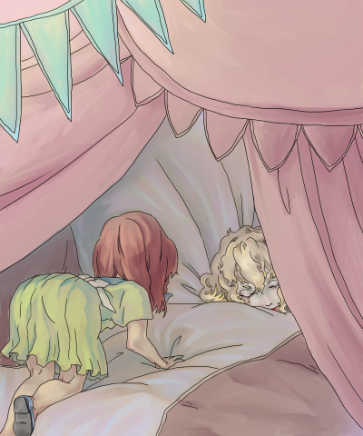 2girls bed_sheet dress flandre_scarlet green_dress hong_meiling looking_at_another lowres lying mago_(gengennikoniko) multiple_girls on_stomach pillow sleeping touhou