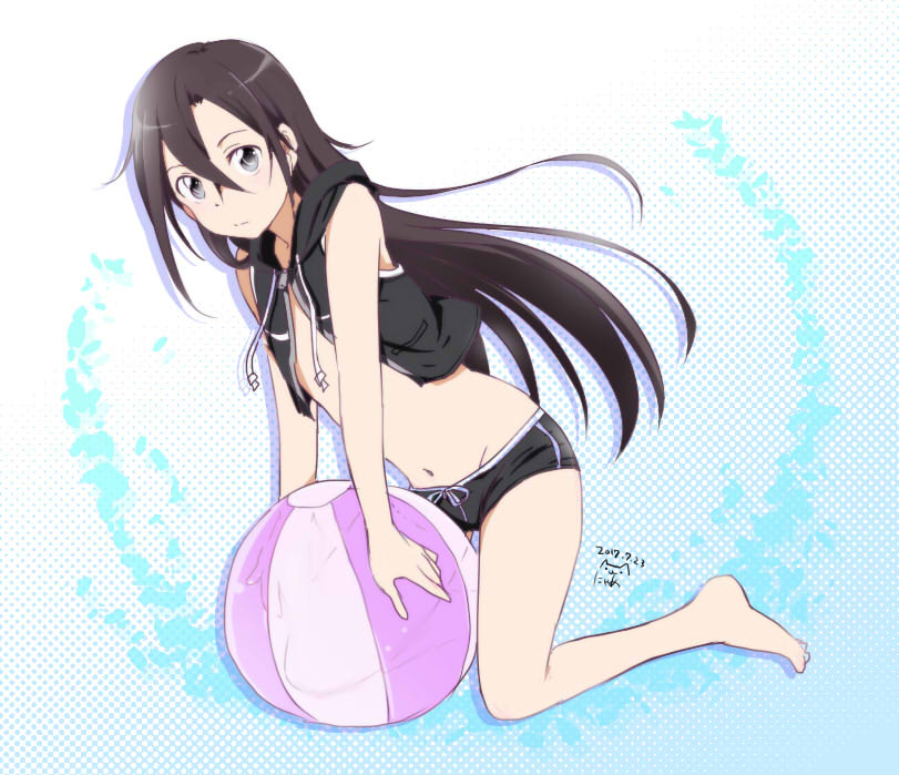 1boy 2017 androgynous ball bangs barefoot beachball black_eyes black_hair black_jacket black_swimsuit closed_mouth cropped_jacket dated floating_hair groin hair_between_eyes hood hood_down hooded_jacket jacket kiatsu kirito_(sao-ggo) long_hair male_focus navel open_clothes open_jacket otoko_no_ko shiny shiny_hair sleeveless sleeveless_jacket solo swimsuit sword_art_online very_long_hair