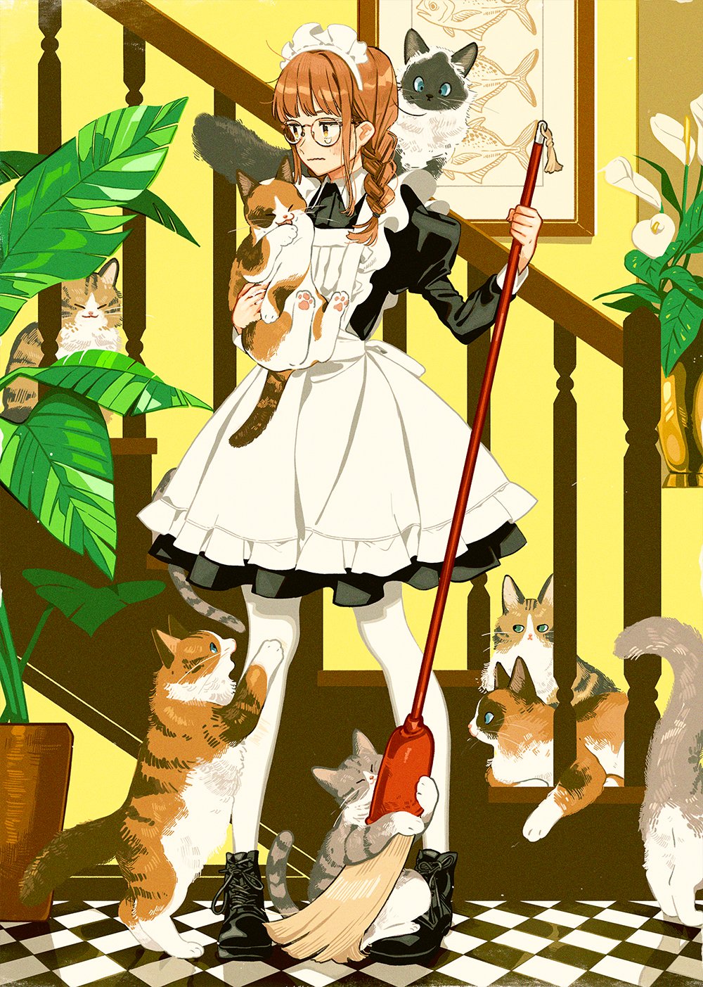 1girl animal_print apron black_dress black_footwear blush braid broom cat checkered checkered_floor closed_mouth commentary crying crying_with_eyes_open dress fish_print flat_chest full_body glasses handrail highres holding holding_broom holding_cat indoors keishin long_sleeves maid maid_apron maid_dress maid_headdress medium_hair messy_hair multiple_cats orange_hair original pantyhose picture_frame plant potted_plant puffy_long_sleeves puffy_sleeves round_eyewear shoes solo stairs standing tears twin_braids wavy_mouth white_legwear wing_collar