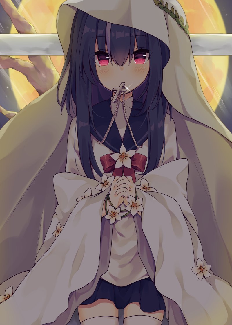 1girl bangs black_hair black_skirt blush bow check_commentary commentary commentary_request cross eyebrows_visible_through_hair flower grey_hair hair_between_eyes hood hood_up jewelry long_hair long_sleeves looking_at_viewer maki_soutoki mouth_hold necklace original own_hands_together red_bow red_eyes shirt sitting skirt solo tears thigh-highs white_flower white_legwear white_shirt