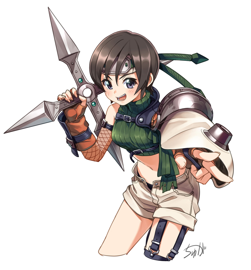 1girl artist_name bangs black_eyes black_hair black_panties brown_gloves commentary cowboy_shot cropped_legs cropped_shirt denim denim_shorts final_fantasy final_fantasy_vii fingerless_gloves forehead_protector foreshortening gauntlets gloves green_shirt holding holding_weapon leaning_forward looking_at_viewer midriff mismatched_gloves navel open_fly open_mouth panties ribbed_shirt shirt short_hair short_shorts shorts shuriken signature simple_background sleeveless sleeveless_turtleneck smirk solo standing thigh_strap turtleneck tyuga underwear v v-shaped_eyebrows weapon white_background white_shorts yuffie_kisaragi